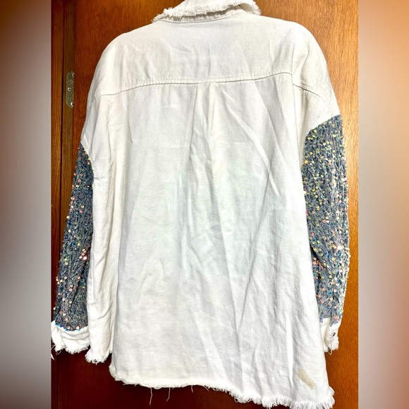 CHICME Women White Denim Shirt Glittered Silver Spandex Fabric, Size Large - Picture 6 of 6